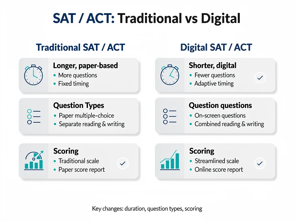 Infographic comparing traditional and digital SAT/ACT changes
