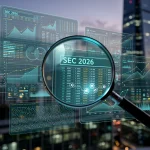 Digital representation of SEC regulations 2026 for investment advisers, showing data and compliance complexities.