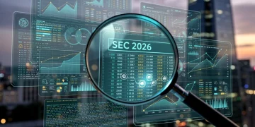 Digital representation of SEC regulations 2026 for investment advisers, showing data and compliance complexities.