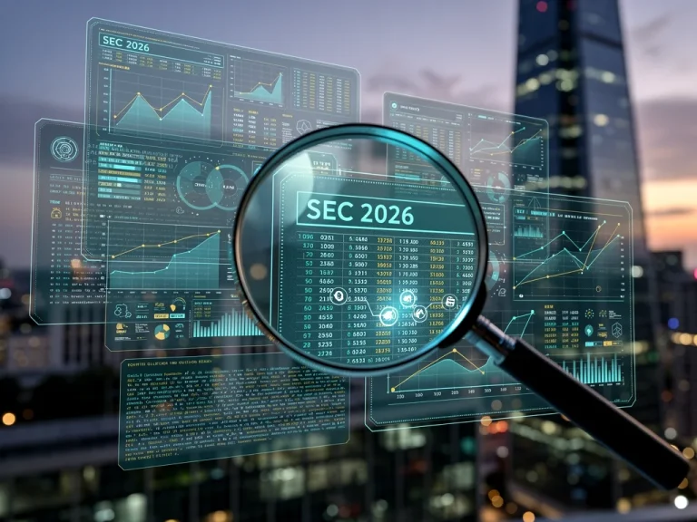 Digital representation of SEC regulations 2026 for investment advisers, showing data and compliance complexities.