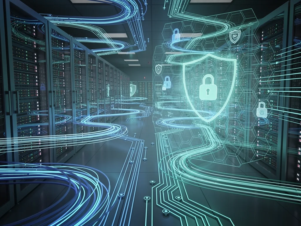 Secure digital network with advanced firewalls and data encryption, illustrating robust cybersecurity measures.