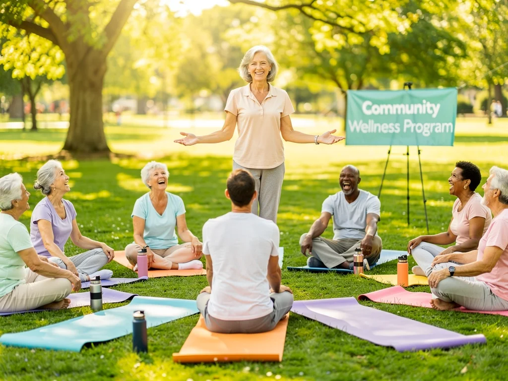 Seniors participating in an outdoor wellness programme, enjoying a yoga class.