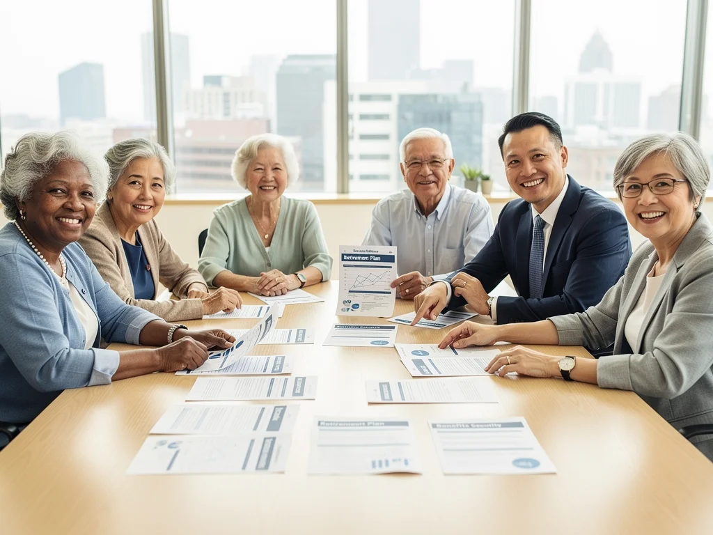 Smiling seniors reviewing financial documents, symbolising secure retirement planning