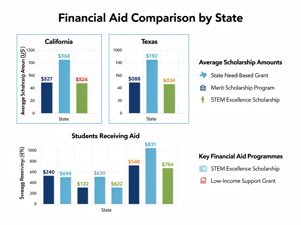 Infographic comparing financial aid statistics across US states for 2026 university entrants.