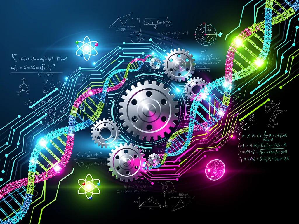 Abstract illustration of interconnected STEM concepts and technological advancement.