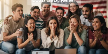 Students celebrating student loan forgiveness in 2026 with a backdrop of a US flag, symbolising federal relief.