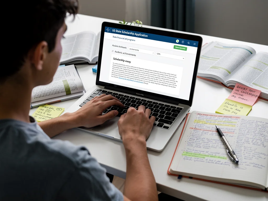 Student applying for state scholarships online, focusing on academic and personal details.