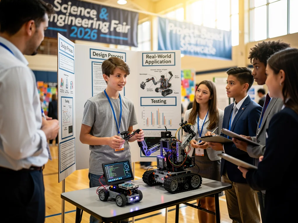 Student presenting a robotics project at a science fair, demonstrating practical STEM skills.
