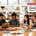 Students studying in a library, symbolising federal education aid and 2026 Pell Grant changes.