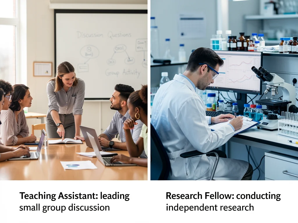 Teaching assistant leading a class and research fellow in a lab.