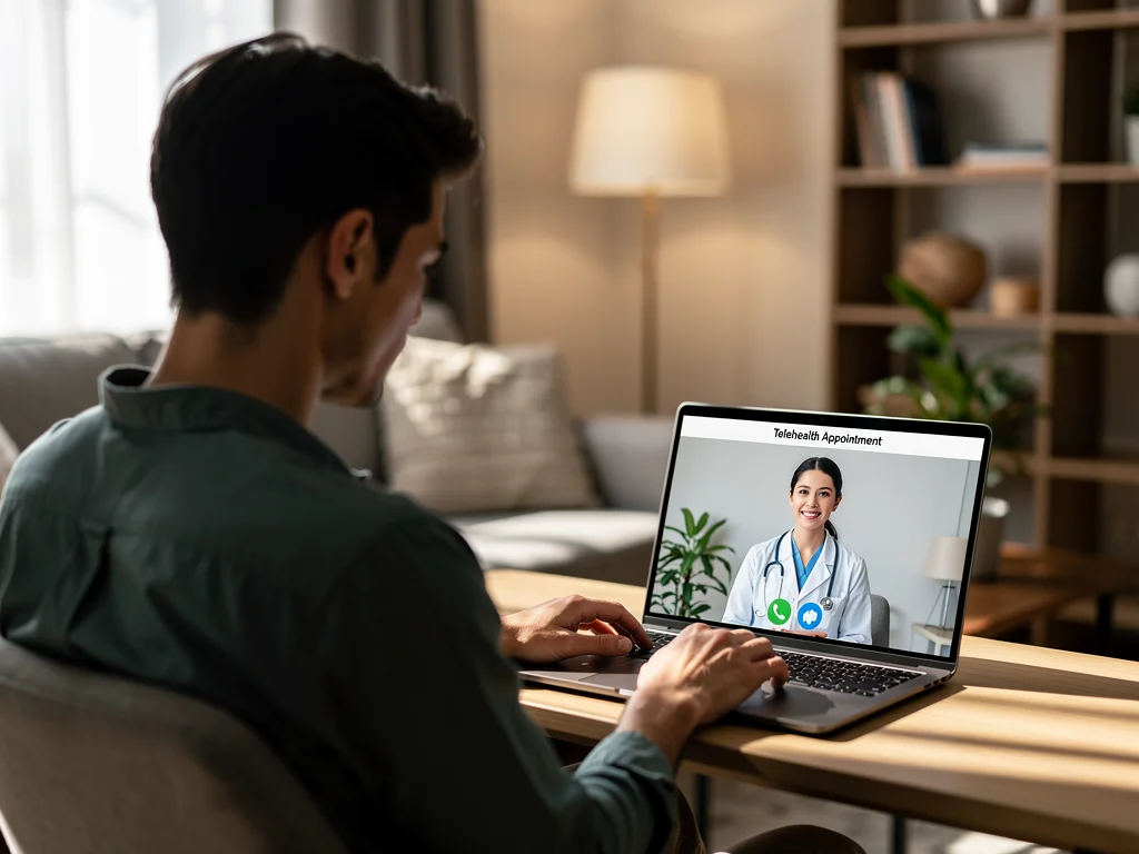 Elderly person engaging in a telehealth consultation with a doctor from home.