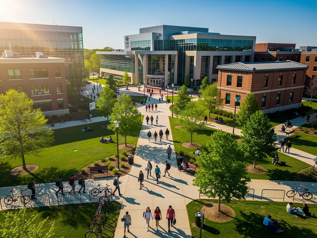 University campus aerial view, showcasing educational infrastructure and student life.