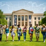 Students walking on a university campus, symbolising US state scholarship opportunities for 2026.