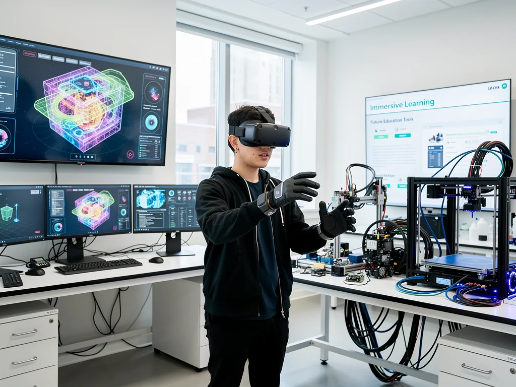 University student engaged in a virtual reality learning simulation in a modern lab.
