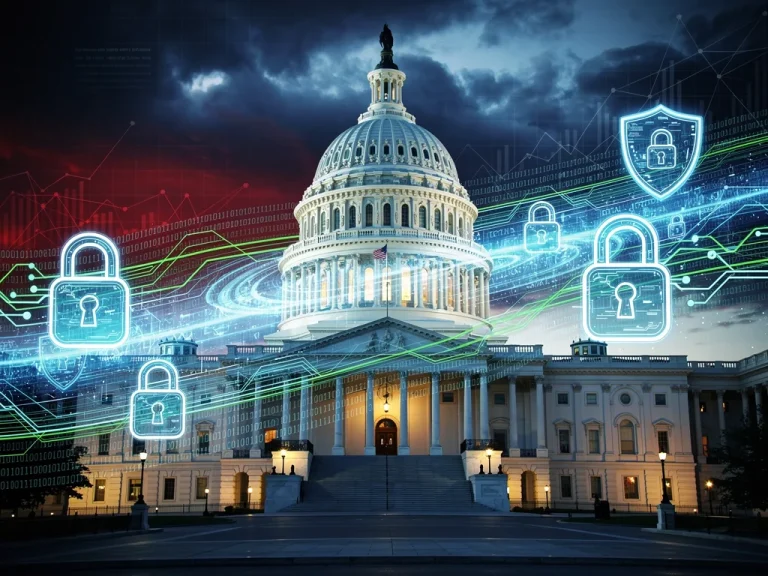 US Capitol building with digital data streams, representing new data privacy legislation debates.