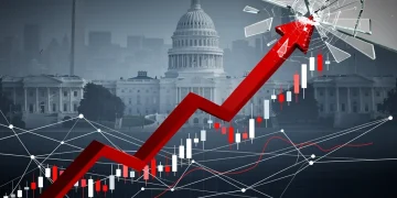Illustration of the US debt ceiling, showing financial graphs and economic indicators under pressure, symbolising market uncertainty.