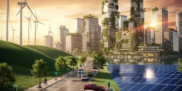 Modern cityscape with renewable energy infrastructure, symbolising US green technology investment