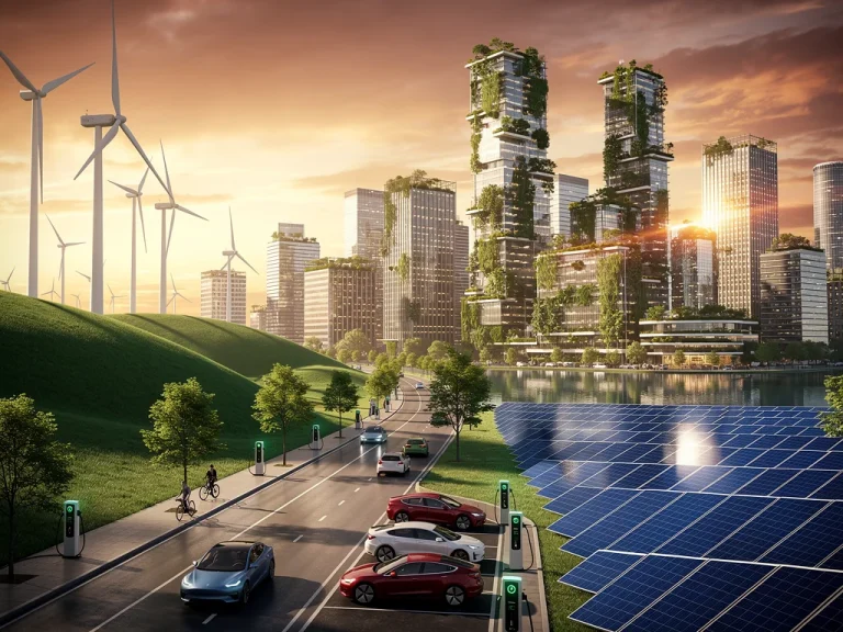 Modern cityscape with renewable energy infrastructure, symbolising US green technology investment