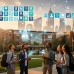 Digital badges and networking symbols over a US university campus, representing future education trends and career progression.