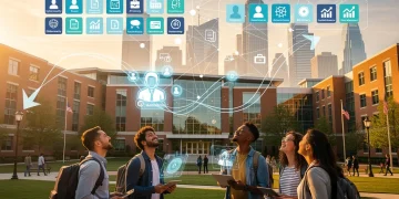 Digital badges and networking symbols over a US university campus, representing future education trends and career progression.