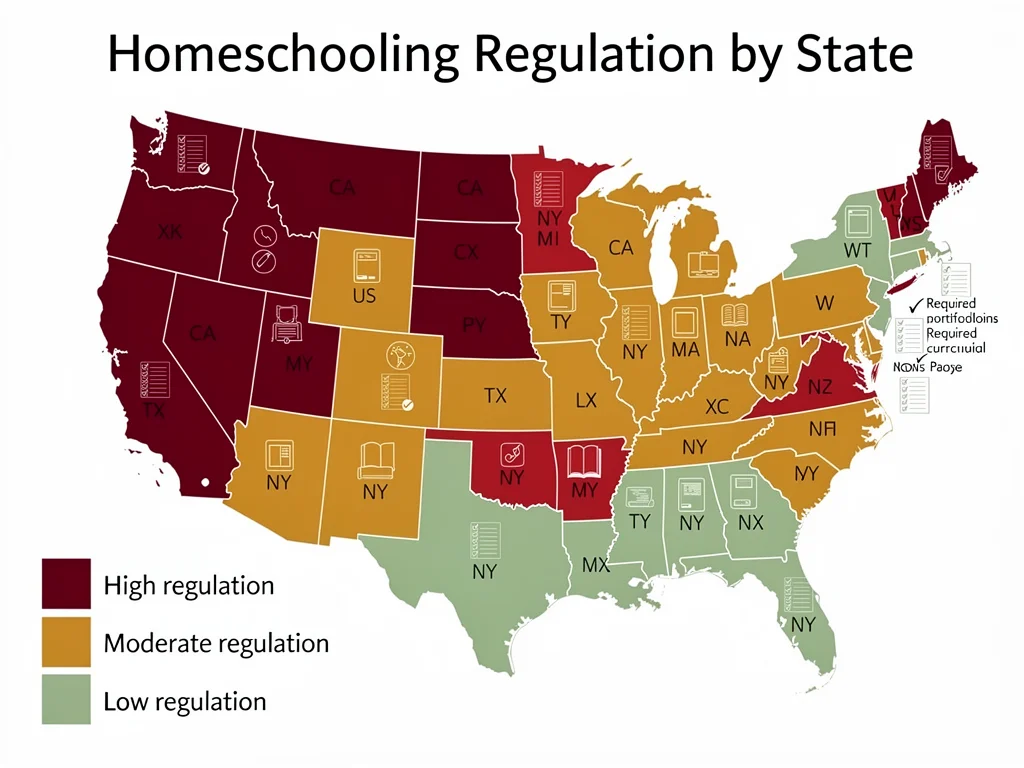 Map of US states showing varied homeschooling regulations.