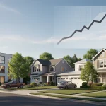Modern US residential neighbourhood with subtle growth graph, representing housing market stability.