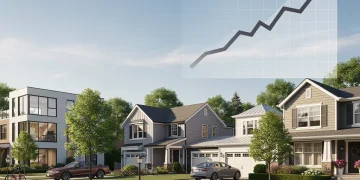 Modern US residential neighbourhood with subtle growth graph, representing housing market stability.