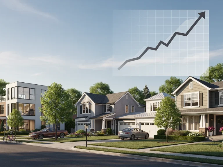 Modern US residential neighbourhood with subtle growth graph, representing housing market stability.