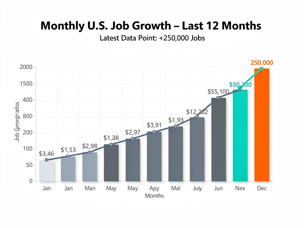 Monthly US job growth chart showing recent 250,000 increase