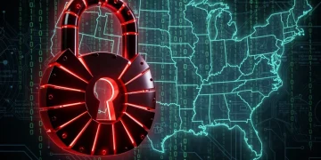 Digital padlock over US map, representing a significant increase in ransomware attacks across the United States.