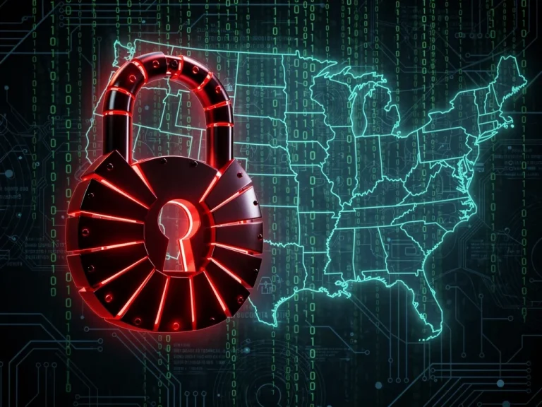 Digital padlock over US map, representing a significant increase in ransomware attacks across the United States.