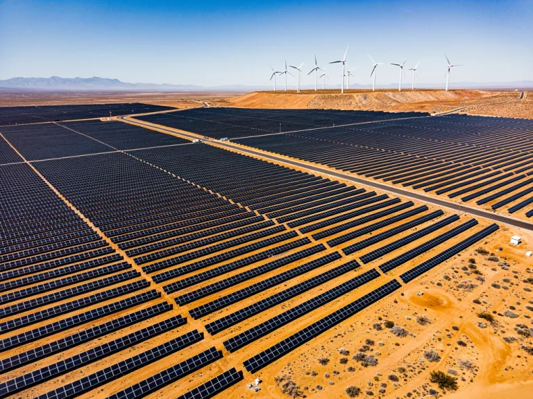 Expansive solar farm with wind turbines, symbolising US renewable energy commitment.
