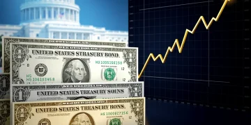 US Treasury bonds stacked with a rising yield graph, representing the 2026 investment outlook.