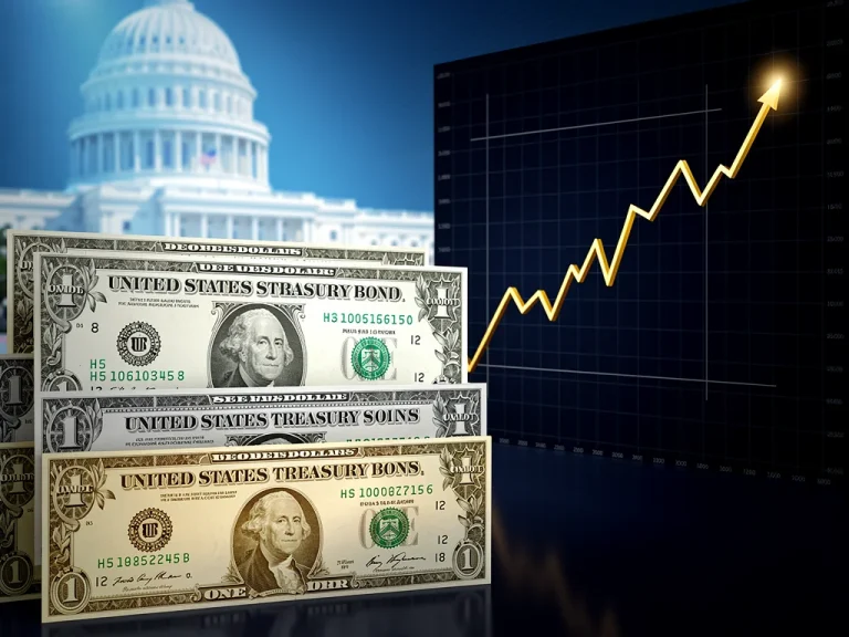 US Treasury bonds stacked with a rising yield graph, representing the 2026 investment outlook.