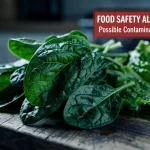 Close-up of contaminated leafy greens with a USDA warning label indicating a food safety alert.