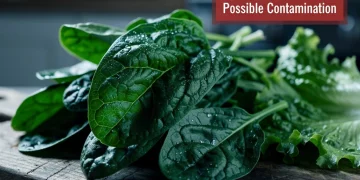 Close-up of contaminated leafy greens with a USDA warning label indicating a food safety alert.