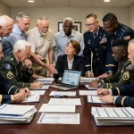 Veterans reviewing 2026 VA benefit documents with a financial advisor.