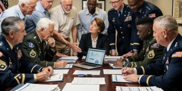 Veterans reviewing 2026 VA benefit documents with a financial advisor.