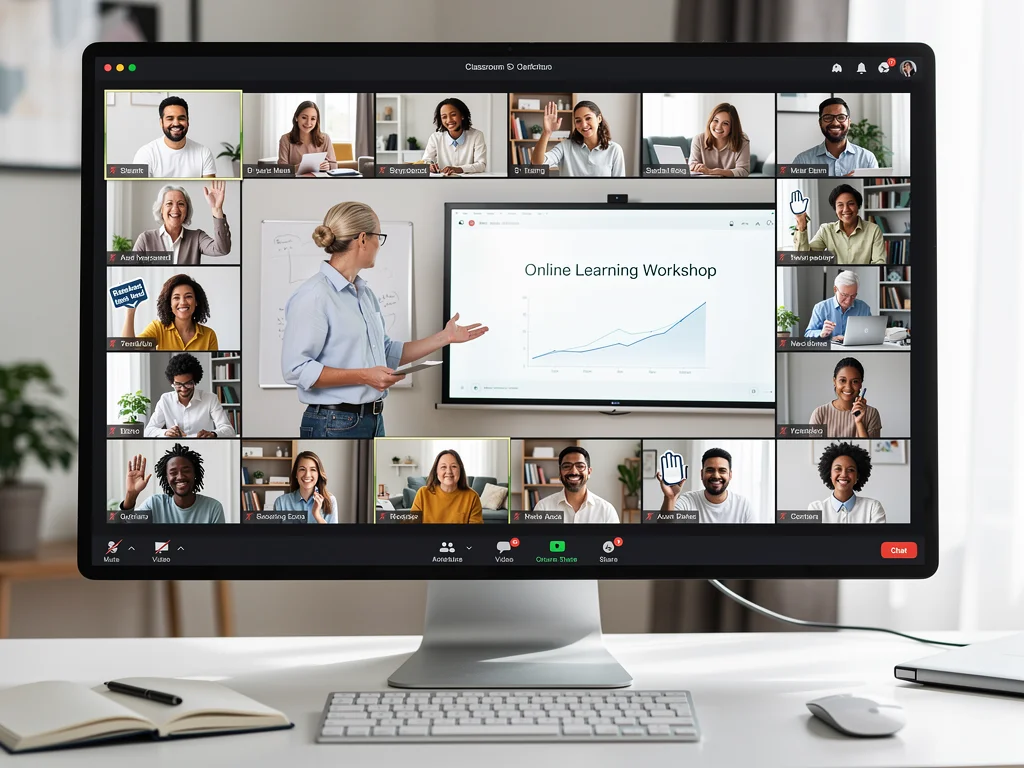 Virtual classroom with diverse participants and an instructor, showcasing interactive online learning.
